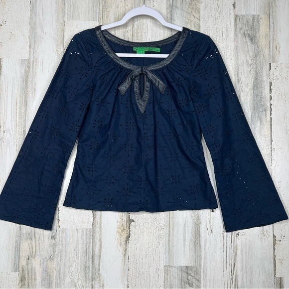 TIBI Navy Blue Eyelet Blouse Size 4 Leather Trim Neck Bow Details - Picture 11 of 12